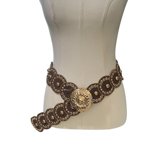 Accessories - Boho Western Concho Disc Belt Brown Gold Stud Grommet Wide Statement Cowgirl